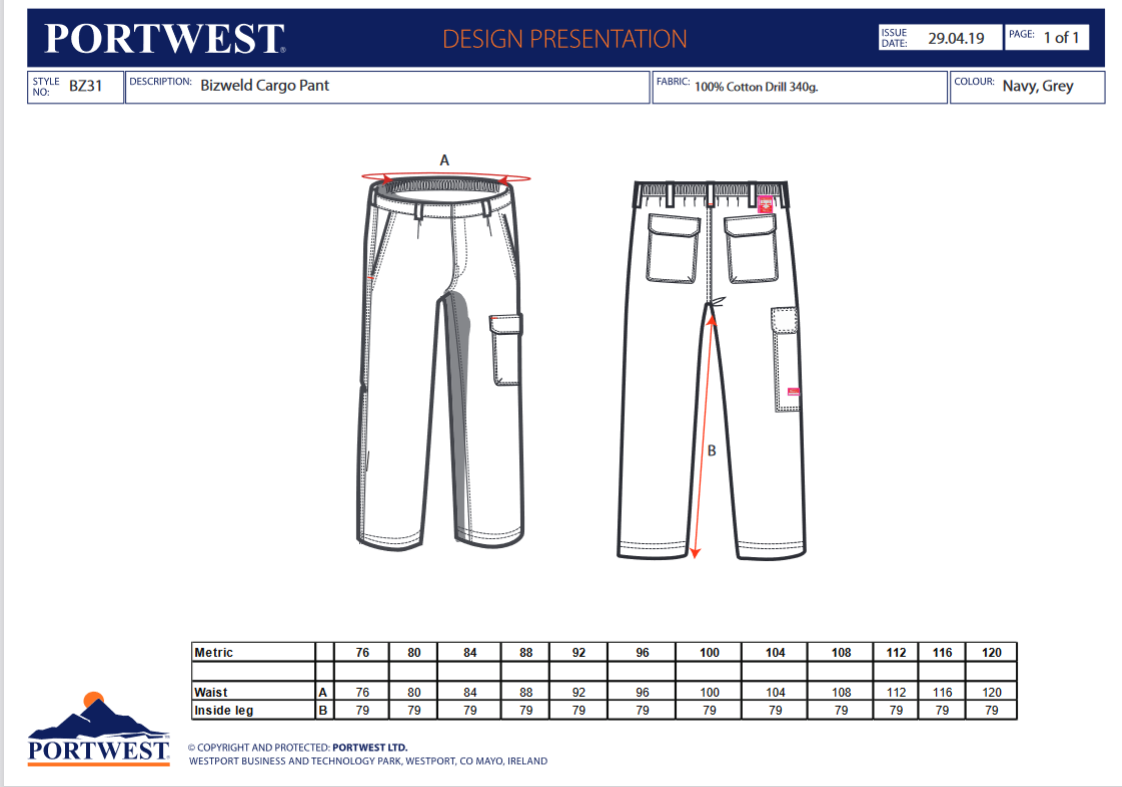 BZ31 Portwest® Bizweld® Flame-Resistant ARC2 Cargo Pants - size chart